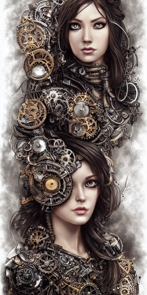 Prompt: a steampunk portrait of a woman, hyper realistic, intricate details, hyperrealism, style by artgerm