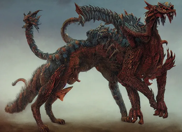 Image similar to a tiger dragon with 4 legs, full body concept, monster hunter monster, beksinski, brent hollowell,