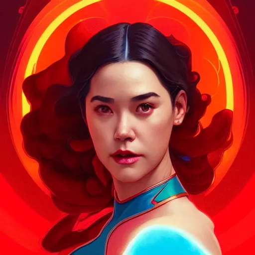 Image similar to bea alonzo as darna, volumetric lights, red and cyan theme, art nouveau botanicals, intricate, highly detailed, digital painting, artstation, concept art, smooth, sharp focus, cinematic, illustration, beautiful face, art by artgerm and greg rutkowski and alphonse mucha
