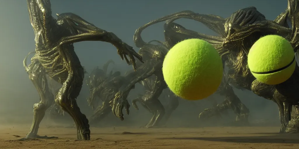 Image similar to a photo of 8 k ultra realistic tennis ball monster, tennis ball monsters, alien exotic, cinematic lighting, trending on artstation, 4 k, hyperrealistic, focused, high details, unreal engine 5, cinematic, alien planet atmosphere in background, 3 d render by basil gogos