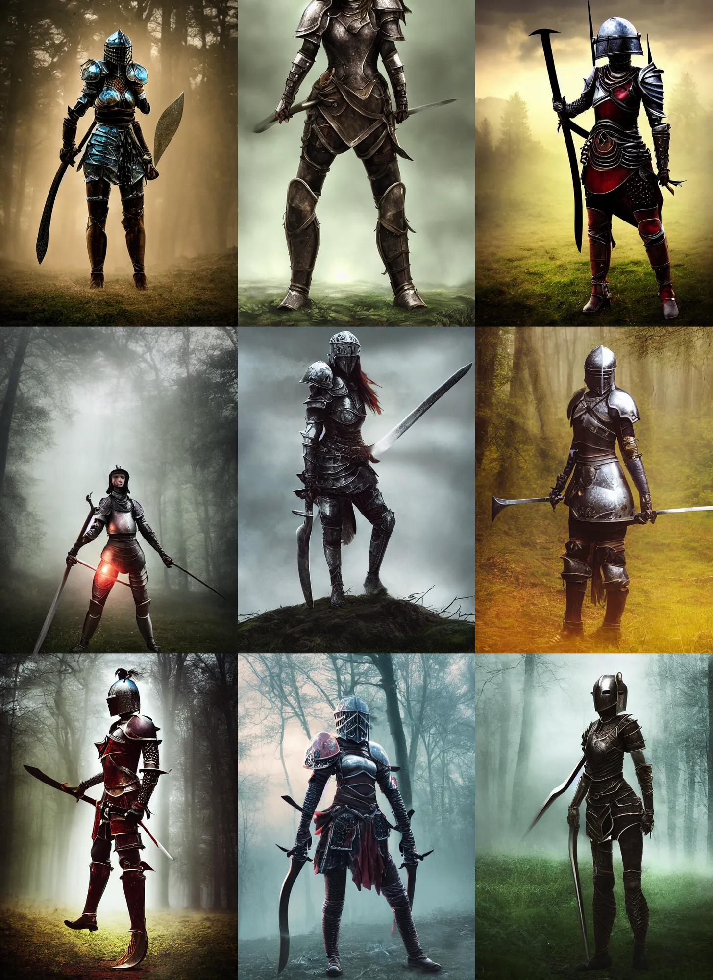 Prompt: helmeted female warrior wielding two swords wearing full body knight!! armor, forest plains of yorkshire, misty forest, elden ring, dark souls, good value control, digital painting, sharp focus, rule of thirds, 4k, centered, muscular body type, magic hour photography, atmospheric, moody vibrant colors