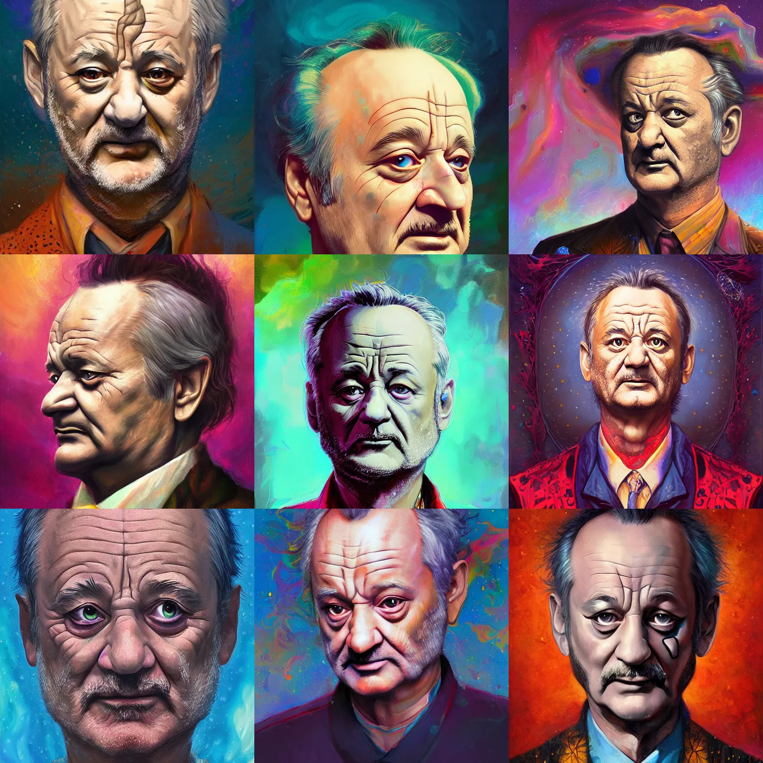 Prompt: A beautiful strange psychedelic detailed portrait painting of Bill Murray as Irreconcilable Personification by Anato Finnstark, Noah Bradley, Raymond Swanland, and Steven Belledin, 8k resolution, deviantart, trending on Artstation, concept art, digital illustration