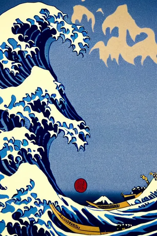 Image similar to Shepard Fairey The Great Wave off Kanagawa, sun in the background