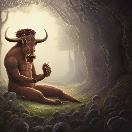 Image similar to Minotaur meditating, hedge maze, dark fantasy esoteric, D&D, fantasy, cinematic lighting, intricate, elegant, highly detailed, digital painting, artstation, concept art, matte, sharp focus, illustration