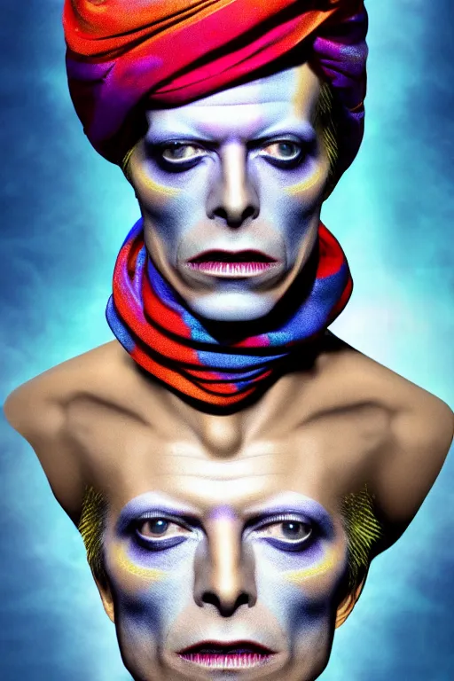 Prompt: david bowie dressed as a Genie, cloth head wrap, turban, bracelets, by yoshitaka amano , high resolution, hd, 4k