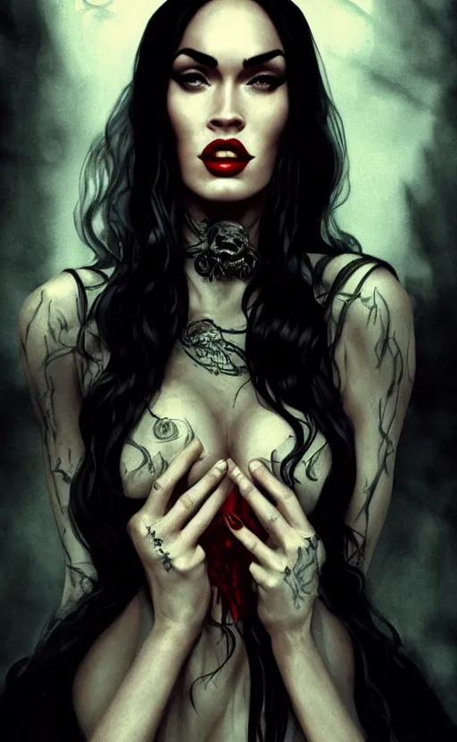 Image similar to megan fox witch queen, black eyes, blood, full body, intricate victorian dress, middle shot, cinematic lighting, symmetrical eyes, caravaggio, rafael albuquerque, charlie bowater, moody lighting, candles