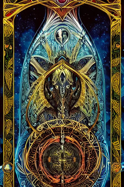 Image similar to a symmetrical tarot card by android jones, ornate border, trending on artstation