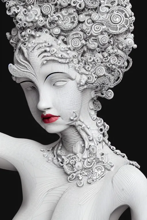 Image similar to 3 d full head and shoulders beautiful white porcelain woman with ornate detailed hair and jewellery, 3 d swirling hair, big eyes through the hair by theodor seuss geisel and daniel arsham and xiang duan