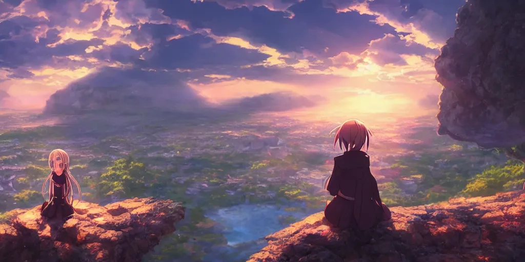 Image similar to isekai masterpiece anime girl sitting on a rock off to the side looking down upon swedish town, during dawn, cinematic, very warm colors, intense shadows, anime illustration, anime screenshot composite background, lens flare