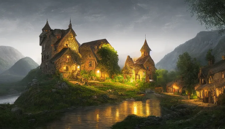 Prompt: Realistic digital painting of uge English village with humongous king's castle built in green mountains at night, hyperdetailed, artstation, cgsociety, 8k