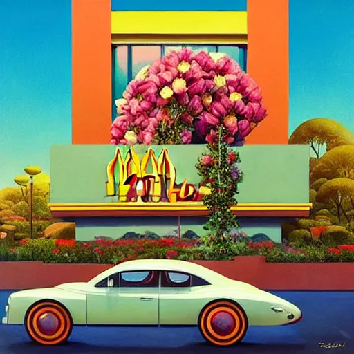 Prompt: a painting of an art deco mcdonald's surrounded by flowers, a watercolor and matte painting by beeple and rhads and mark keathley, wes anderson, cgsociety, artdeco, utopian art, retrofuturism, sci - fi, artstation hq