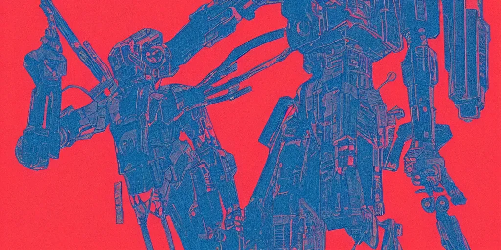 Prompt: a close - up grainy risograph of cyberpunk evangelion like giant mechas, transparent details, red swords, blue hour, by moebius and lehr paul