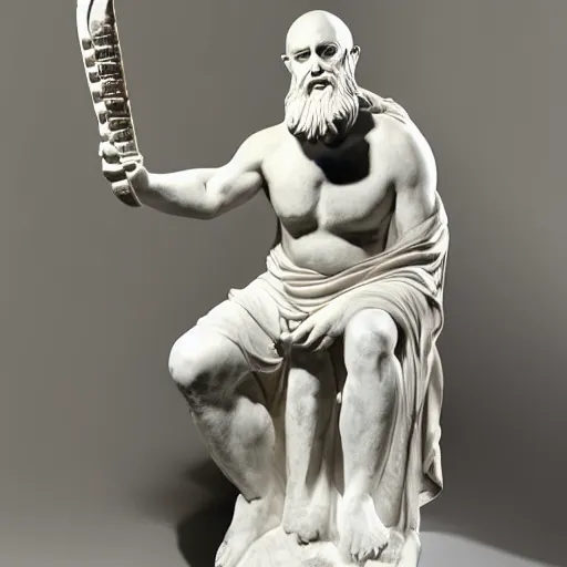 Image similar to epic greek marble statue of a bald man with a long beard playing a marble guitar, photo, chiaroscuro