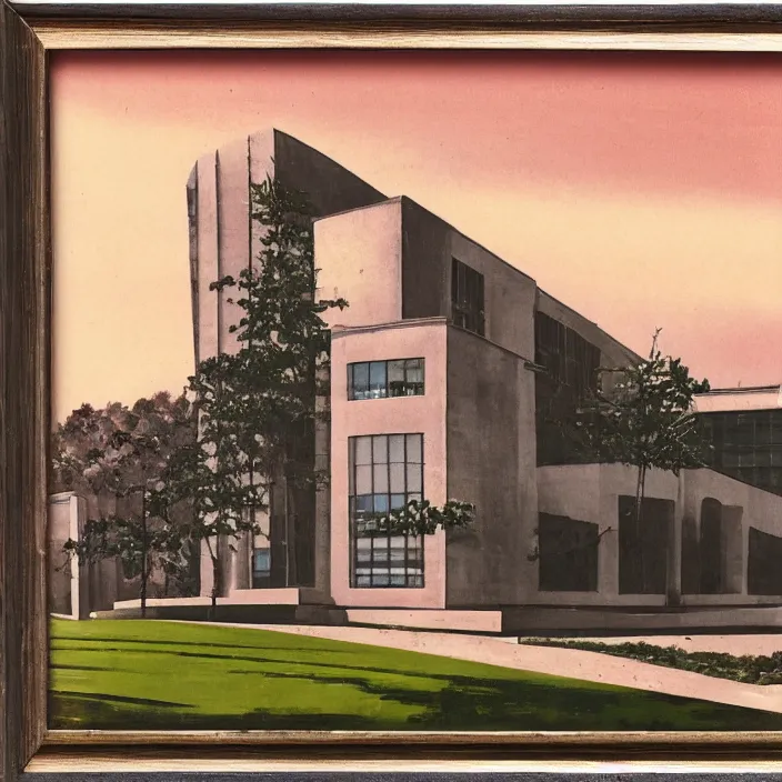 Prompt: a building in a serene landscape, art deco