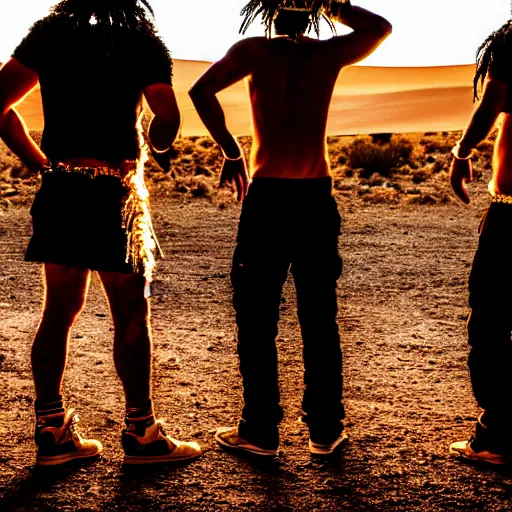 Prompt: portrait of three ravers photographed from behind, talking around a fire, photorealistic, dancefloor kismet, diverse costumes, clean composition, desert transition area, bonfire, night, australian desert, xf iq 4, symmetry, sony a 7 r, 1 5 0 mp, 5 0 mm