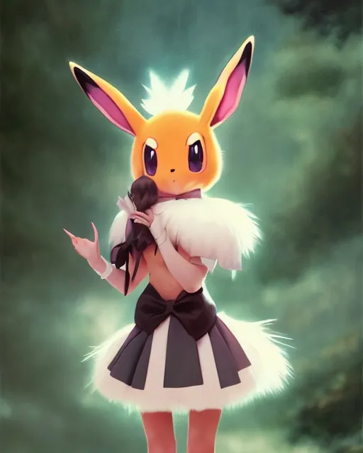 Image similar to photo of eevee pokemon humanisation, in nice fluffy skirt and ribbon, film still, dslr, by greg rutkowski, gil elvgren, enoch bolles, ross tran, artgerm, wlop, glossy skin, pearlescent, very coherent