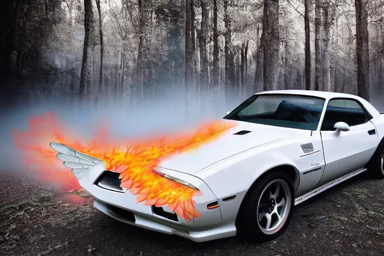 Image similar to reflective white pontiac firebird with flames paintjob with angelic wings attached to sides of the roof, dramatic, cinematic, forest, volumetric lighting