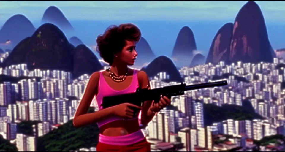 Image similar to 1 9 8 6 movie screencap of a girl with a gun on a rio de janeiro, gucci clothes, sparkes sky, beautiful favela background extremely utra high quality artwork 8 k