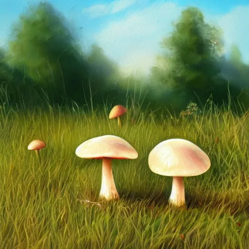 Prompt: a beautiful painting of mushrooms on the grassland,artstation, professional, very detail