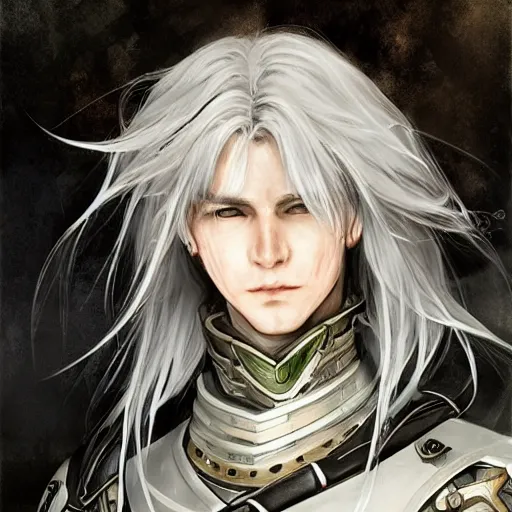 Image similar to portrait of an elf by ayami kojima, he is about 2 0 years old, androgenic, long white hair, slender and tall, smirk, he is wearing a modern tactical gear, scifi, highly detailed portrait, digital painting, artstation, concept art, smooth, sharp foccus ilustration, artstation hq