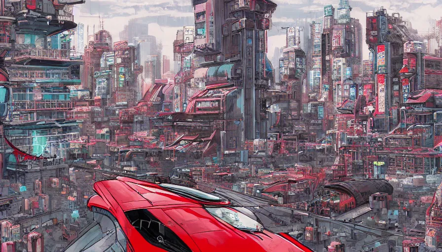 Prompt: Concept Art Painting of neo-Tokyo Maximum Security Mint, in the Style of Akira, Anime, Dystopian, Highly Detailed, Red Building, Helipad, Special Forces Security, Giant Crypto Vault, Docks, Shipping Containers, Helicopter Drones, 19XX