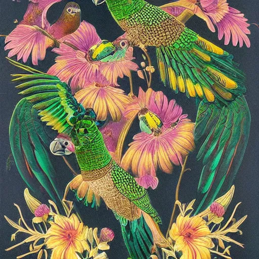 Image similar to beautiful elegant ernst haeckel!!!! illustration of many green cheek conures!!!!!! and flowers, ( green cheek conure ) ( green cheeked parakeet ) ( pyrrhura molinae )