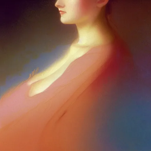 Prompt: a young woman's face, her hair is white and she wears a cobalt blue satin cloak, by ivan aivazovsky and syd mead and moebius and gaston bussiere and roger dean and pieter claesz and paul delaroche and alma tadema and aelbert cuyp and beksinski, hyperrealistic, volumetric light, octane render