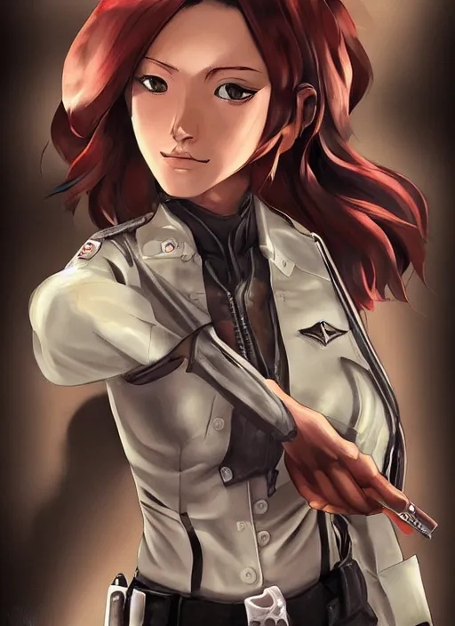 Prompt: full size persona, female sheriff, detail, ultra sharpness, beautiful female, detailed face, art by huyy nguyen, style by cain kuga, cowboy bebop art style