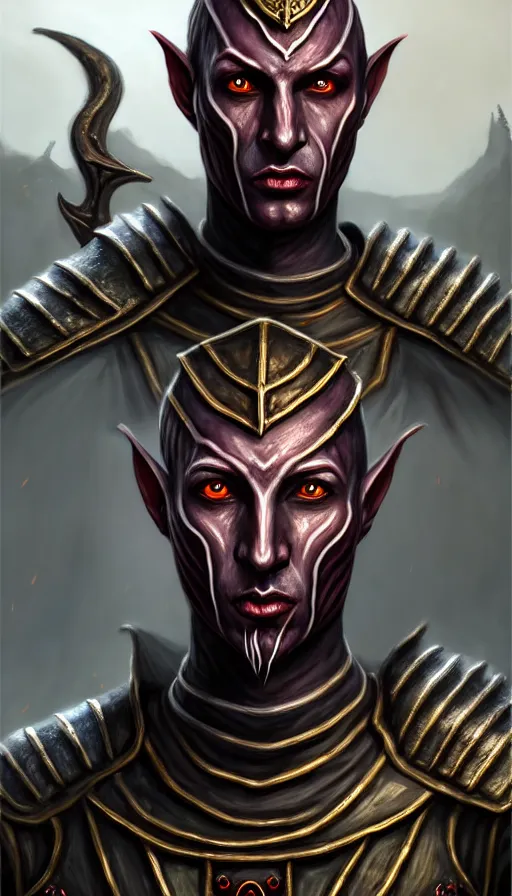 Image similar to hyperrealistic full body image of morrowind dunmer male nerevarine in front of balmora, red eyes, 3 / 4 portrait, symmetrical face, handsome face, full body dnd character portrait, medieval armor, morrowind armor, oblivion armor, skyrim armor, eso armor, intricate, highly detailed, elegant, 4 k, artstation, deviantart