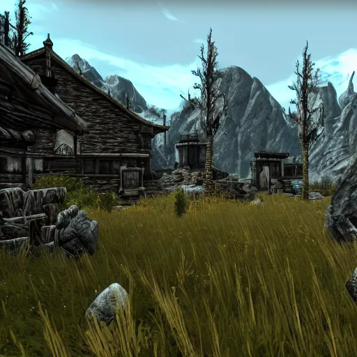 Prompt: A screenshot of Skyrim if it were a 2D game