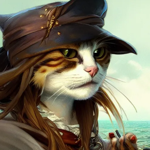 Image similar to Portrait of a Cat as a Pirate, photo, photorealistic, highly detailed, digital painting, artstation, concept art, smooth, sharp focus, illustration, art by artgerm and greg rutkowski and alphonse mucha