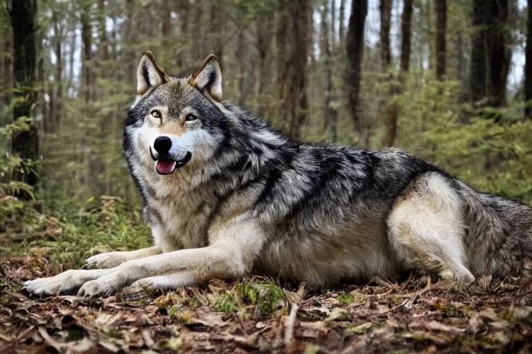 Prompt: hybrid consisting of a human and wolf, mostly wolf, photograph captured in the woods