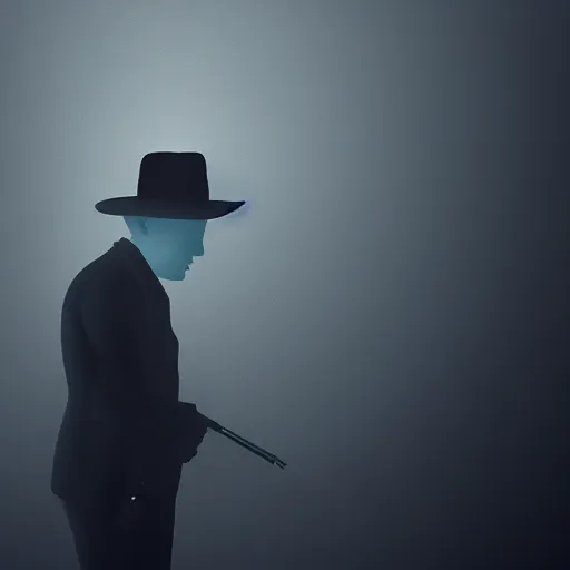 Prompt: mysterious man in black suit and black hat, he has a pistol, smoke, fog, mysterious, 4 k, highly detailed, digital art, strong shadows, high contrast, epic scene, atmospheric, blue colours, trending on artstation