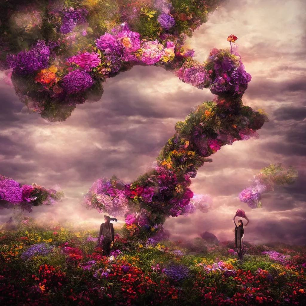 Image similar to a planet of various flowers, fungus and plants, in which the human figure is dressed in something magical and impressive, inside the picture is infinity, sunset light, Atmospheric phenomenon, artistic photography, muted colors, conceptual, long exposure outside the city