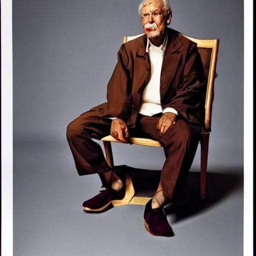 Image similar to charismatic, wise man, sitting on a chair, photo for vogue by annie liebovitz