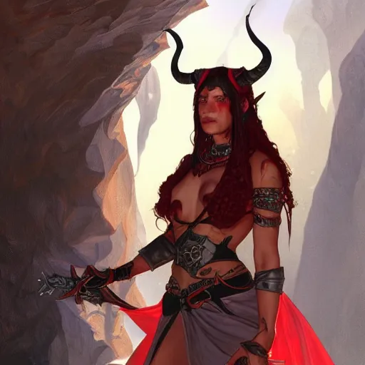 Image similar to portrait of a female berber tiefling with red skin, devil horns and black hair wearing a steel chestplate in a desert, fantasy, highly detailed, digital painting, artstation, concept art, character art, art greg rutkowski and alphonse mucha