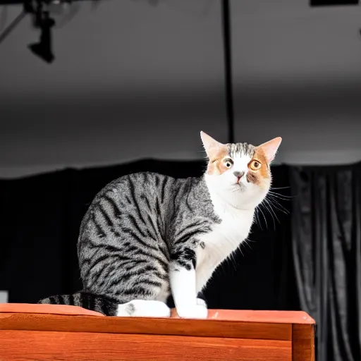 Prompt: photograoh of cat ainging on the stage