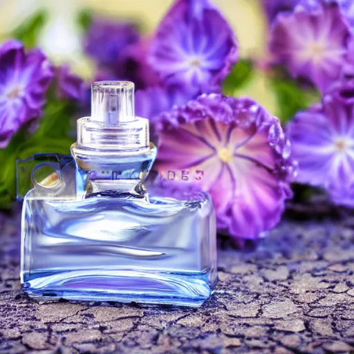 Image similar to perfume bottle surrounded by artistic, luscious blurred blue and lilac flowers, white background, simple path traced, environment, up close shot