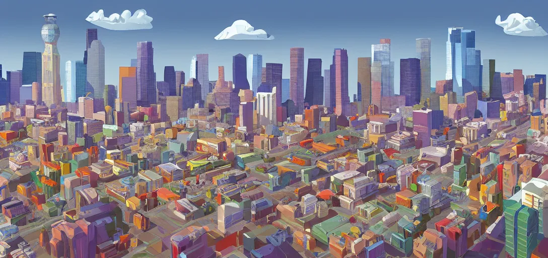 Image similar to visual development los angeles skyline cityscape, by lou romano, pixar disney dreamworks sony animation, photoshop, the art of books