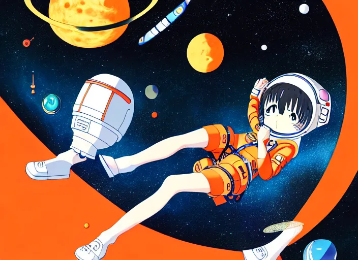 Image similar to anime portrait of a young astronaut girl floating inside a spacestation with no helmet, Karolis Strautniekas,omoide emanon, tsuruta kenji, murata range,kawaii, kyoto animation, manga, intricate, detailed, studio lighting, orange red black white, gradation,editorial illustration, matte print, Ilya Kuvshinov