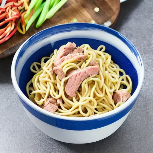 Image similar to white pink meat chunks noodles in styrofoam bowl,