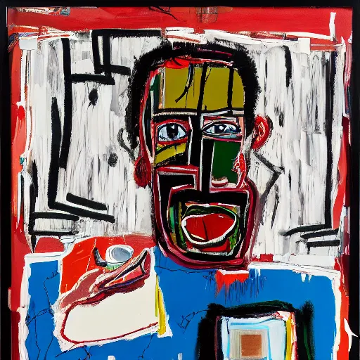 Prompt: Early afternoon in the studio. Sunlight is pouring through the window lighting the face of a sleepy man holding a red cup of coffee. Detailed and intricate brush strokes, oil paint and spray paint, markers, paper collage, crayon transfer on canvas. Painting by Basquiat, 1987