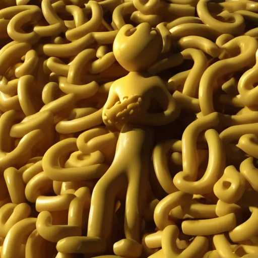 Image similar to a 3 d render of a person made of macaroni and cheese