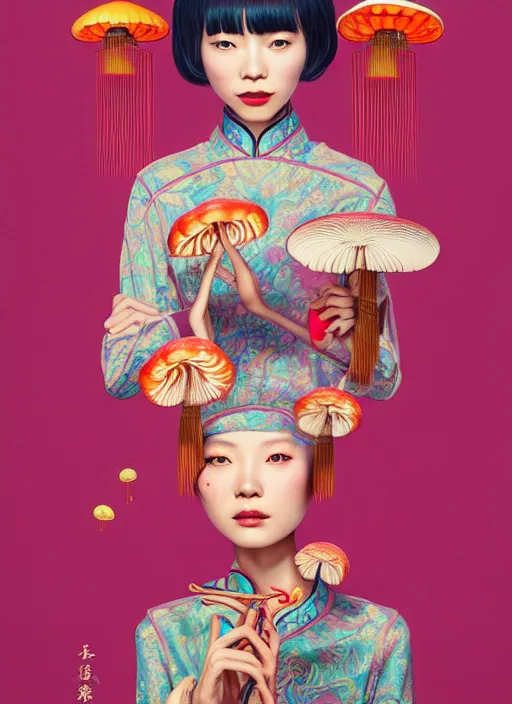 Prompt: pretty chinese girl holds hallucination mushroom : : by martine johanna and simon stalenhag and chie yoshii and casey weldon and wlop : : ornate, dynamic, particulate, rich colors, intricate, elegant, highly detailed, centered, artstation, smooth, sharp focus, octane render, 8 k