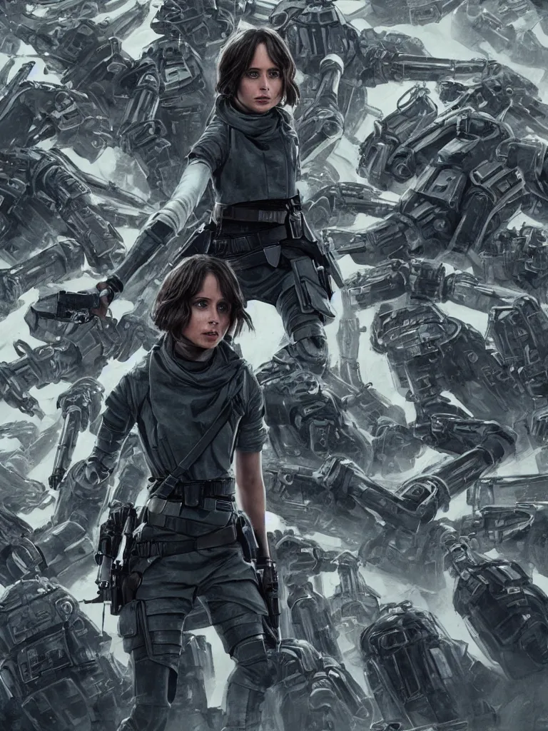 Image similar to expressive full body photo of jyn erso on a throne of robot arms, decolletage, confident pose, coherent, insane detail, concept art, character concept, cinematic lighting, global illumination radiating a glowing aura