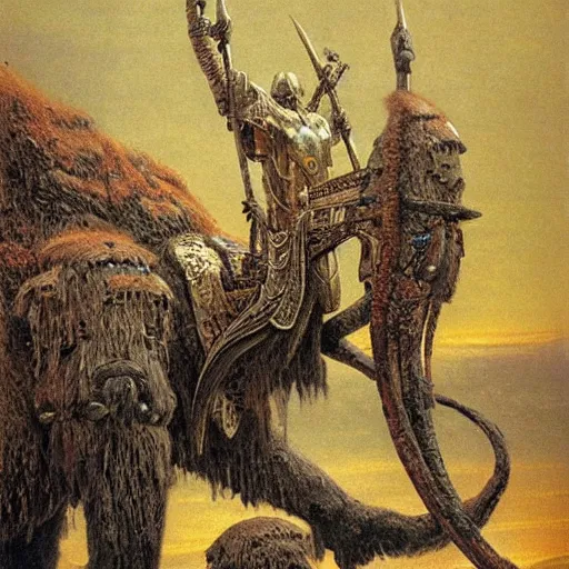 Image similar to mammoth rider concept art, clad in ancient norse armor, beksinski