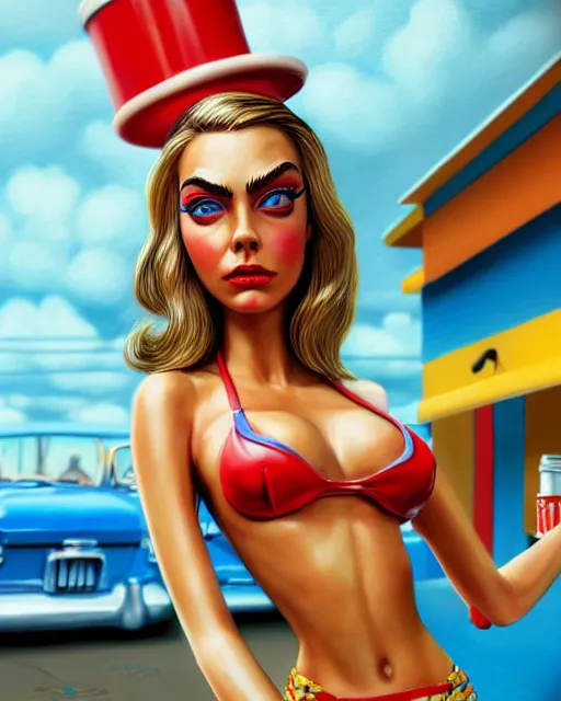 Image similar to closeup profile face profile portrait of a tin toy cara delevigne as a waitress in a diner, bikini, hyper realistic, artstation, illustration, concept art by dan decarlo, digital paint, matte paint, vivid colors, bright, cheerful, detailed and intricate environment