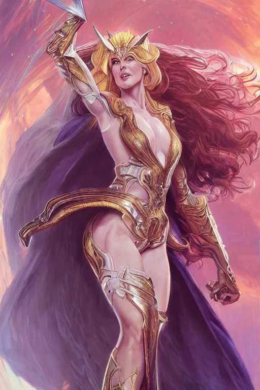 Image similar to ultra realistic illustration, nicole kidman dressed as she - ra the princess of power, sci - fi, fantasy, intricate, elegant, highly detailed, digital painting, artstation, concept art, smooth, sharp focus, illustration, art by artgerm and greg rutkowski and alphonse mucha