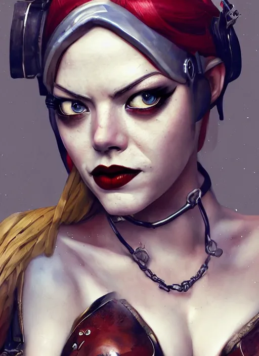 Image similar to steampunk portrait of emma stone as harley quinn, hyper detailed, digital art, trending in artstation, cinematic lighting, studio quality, smooth render, unreal engine 5 rendered, octane rendered, art style by klimt and nixeu and ian sprigger and wlop and krenz cushart.