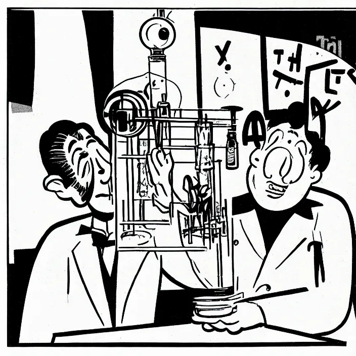 Image similar to a still frame from comic strip, a scientist making funny experiment 1 9 5 0, herluf bidstrup, new yorker illustration, monochrome contrast bw, lineart, manga, tadanori yokoo, simplified,